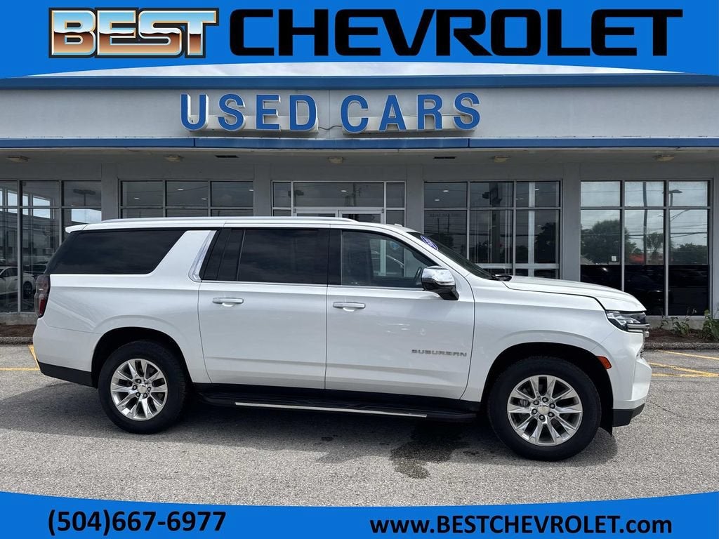 2021 Chevrolet Suburban Premier in Iridescent Pearl Tricoat — front three-quarter view