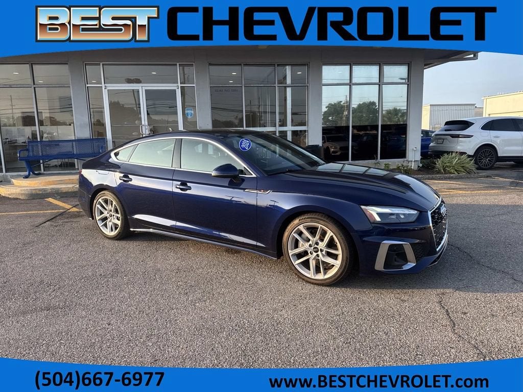 2024 Audi A5 Sportback S line Premium Plus in Blue — front three-quarter view
